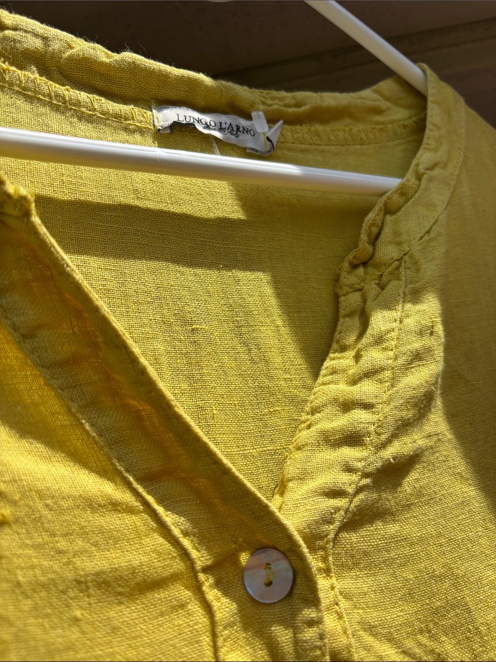 59. Sleeveless Sunny Yellow Linen Mini Dress with Mother of Pearl Button Front - Picture 5 of 17